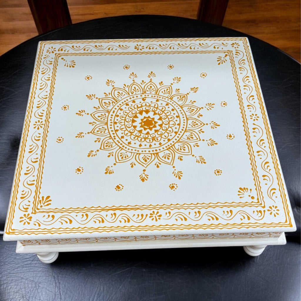 Wooden White Pooja Chowki - 18x18x6.5-Inches Gold Bajot