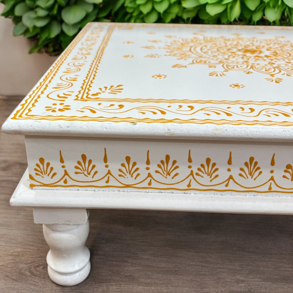 Wooden White Pooja Chowki - 18x18x6.5-Inches Gold Bajot