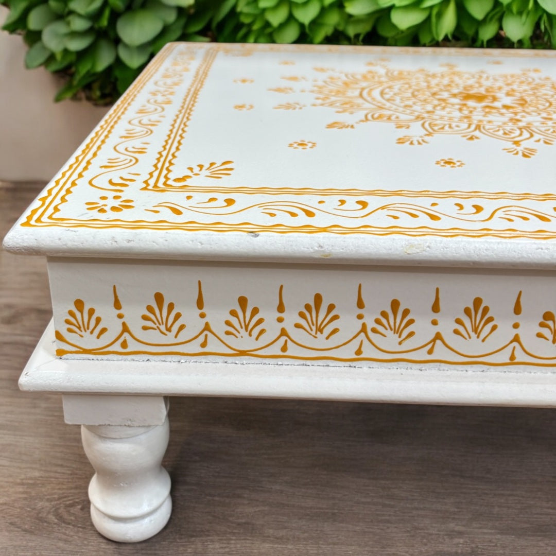 Wooden White Pooja Chowki - 18x18x6.5-Inches Gold Bajot
