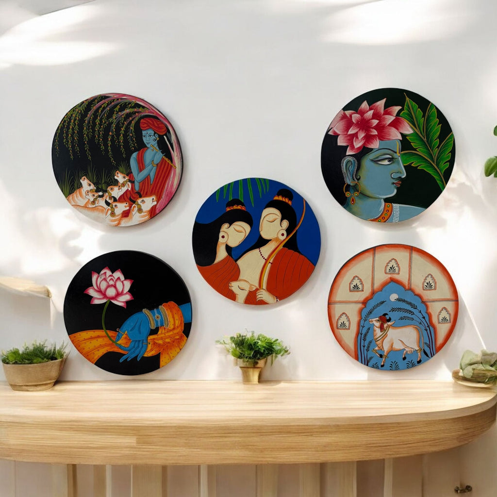 Indian Wall Plate - 10-Inch Hand-Painted Ram Sita & Krishna