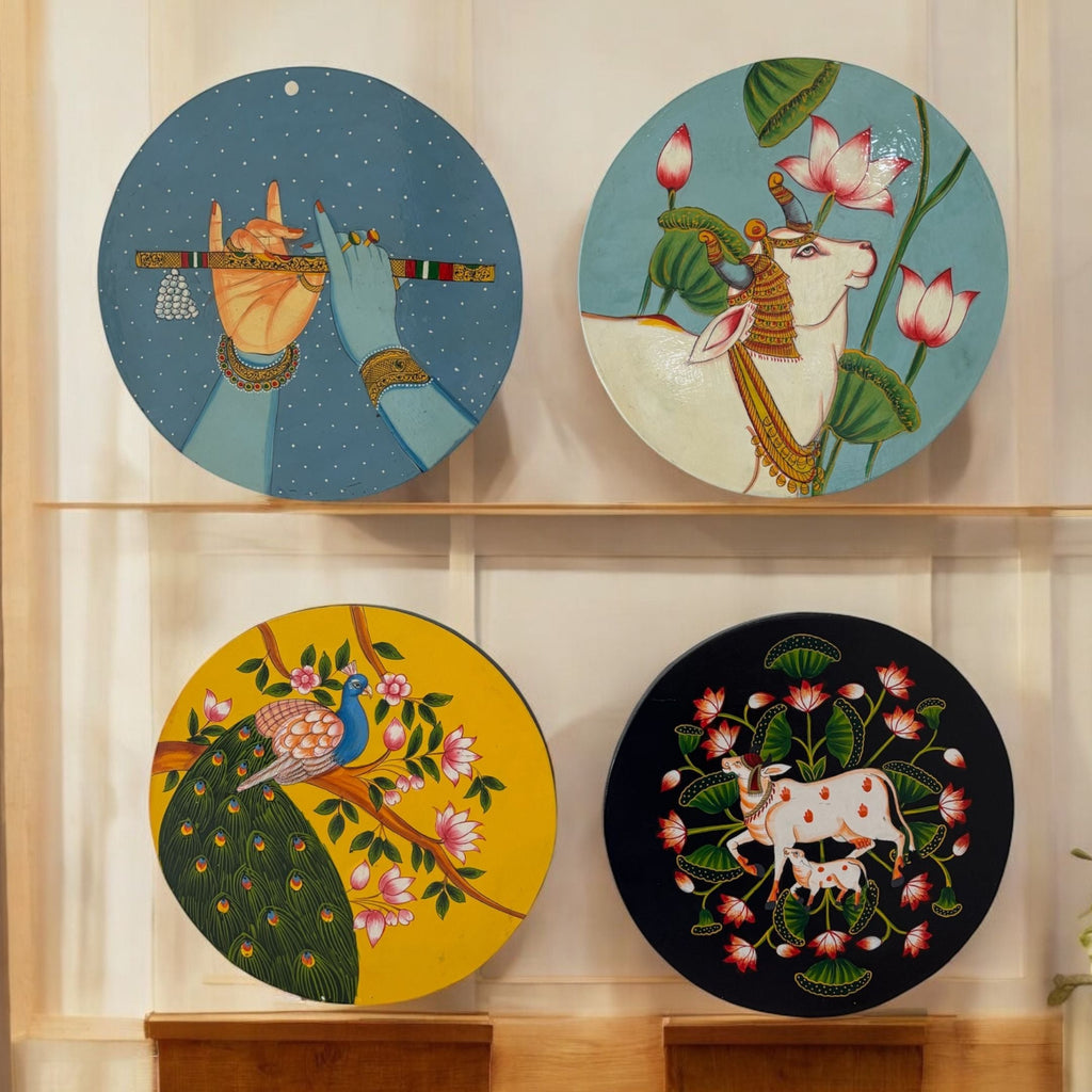 Wooden Wall Plate - 10-Inch Hand-Painted Krishna, Peacock, Cow