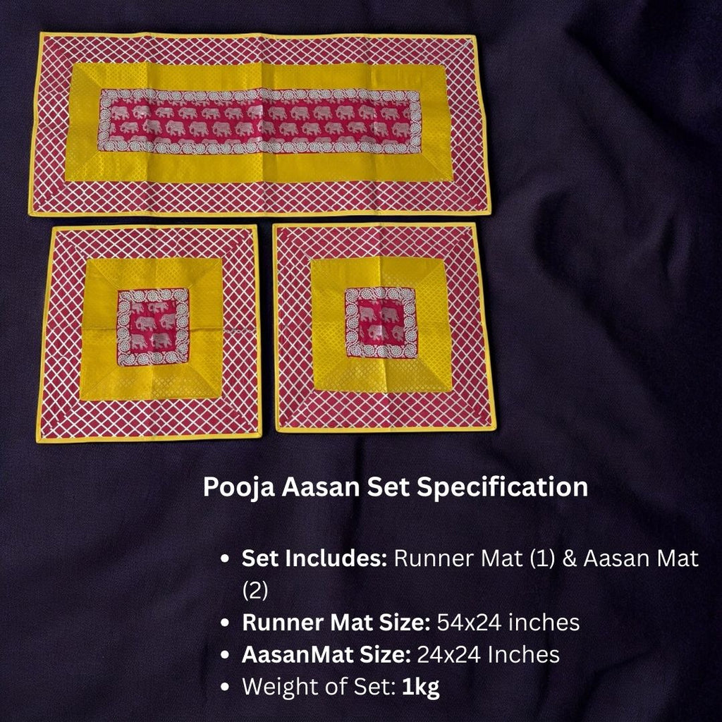 Silk Brocade Pooja Aasan Set - 54x24 Runner & Two 24x24 Mats