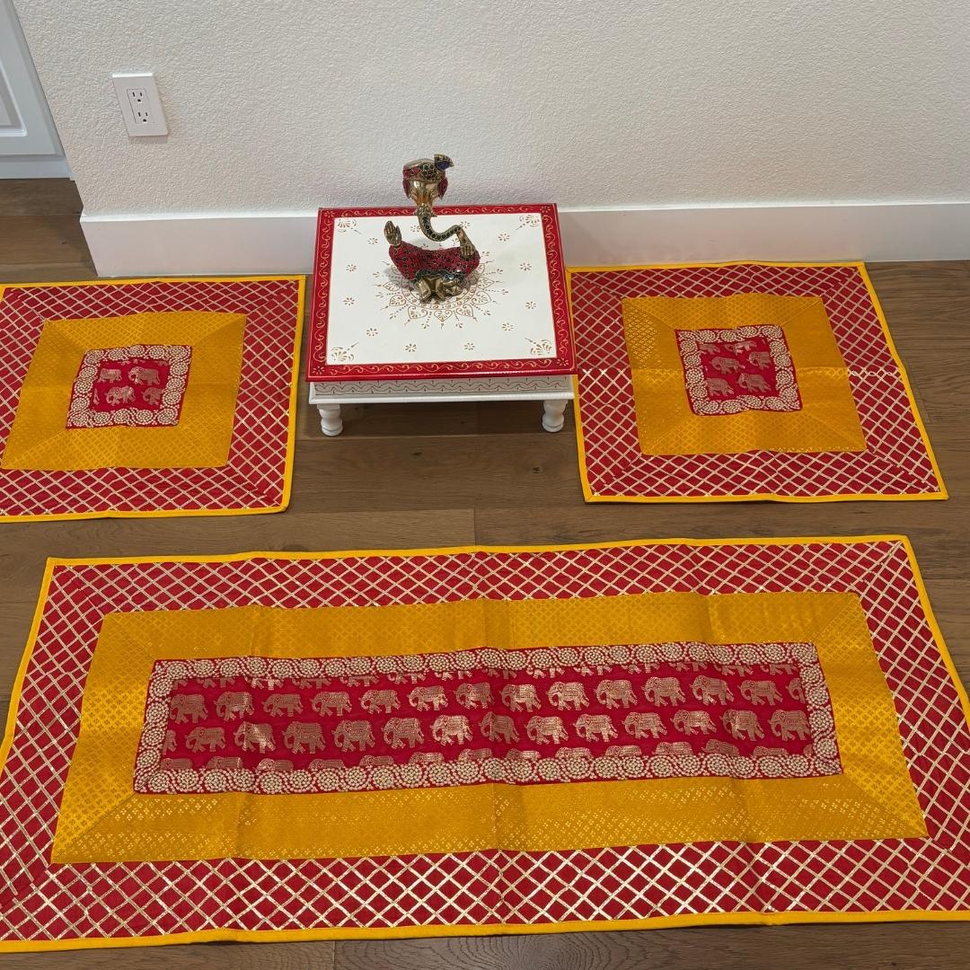 Silk Brocade Pooja Aasan Set - 54x24 Runner & Two 24x24 Mats