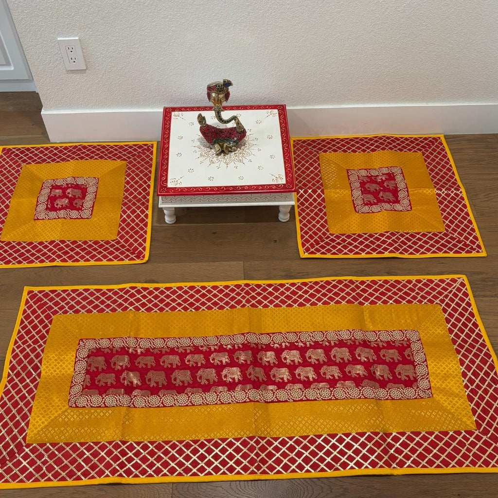 Silk Brocade Pooja Aasan Set - 54x24 Runner & Two 24x24 Mats