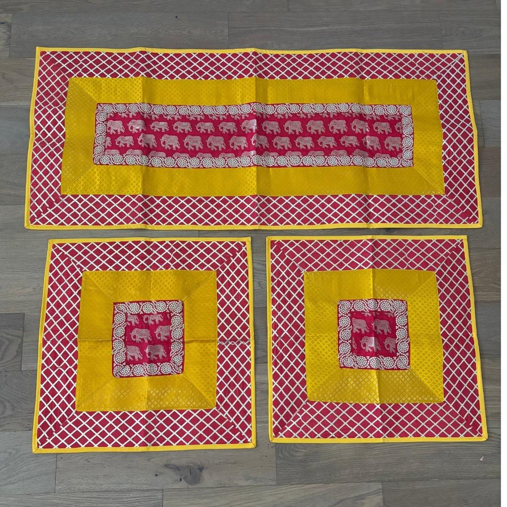 Silk Brocade Pooja Aasan Set - 54x24 Runner & Two 24x24 Mats