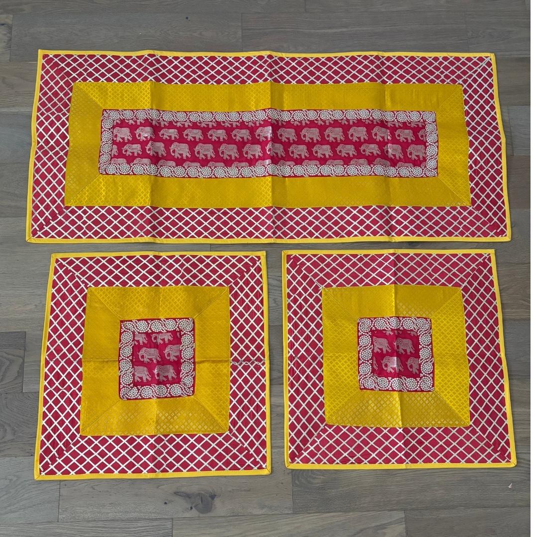 Silk Brocade Pooja Aasan Set - 54x24 Runner & Two 24x24 Mats