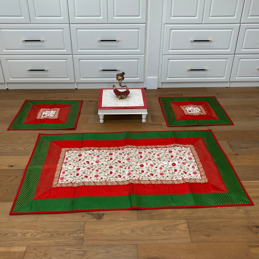 Banarasi Brocade Pooja Aasan Set - 54x36 Runner & Two Mats