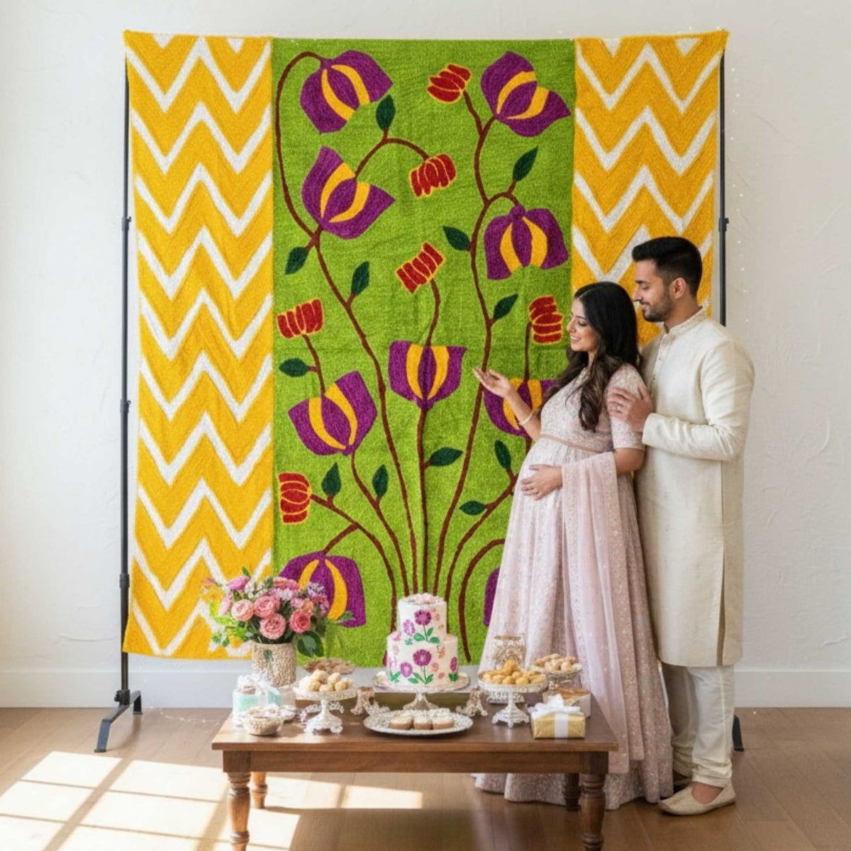 Wool Lotus Backdrop - 3-Panel Wedding & Pooja Backdrop, 5 Designs