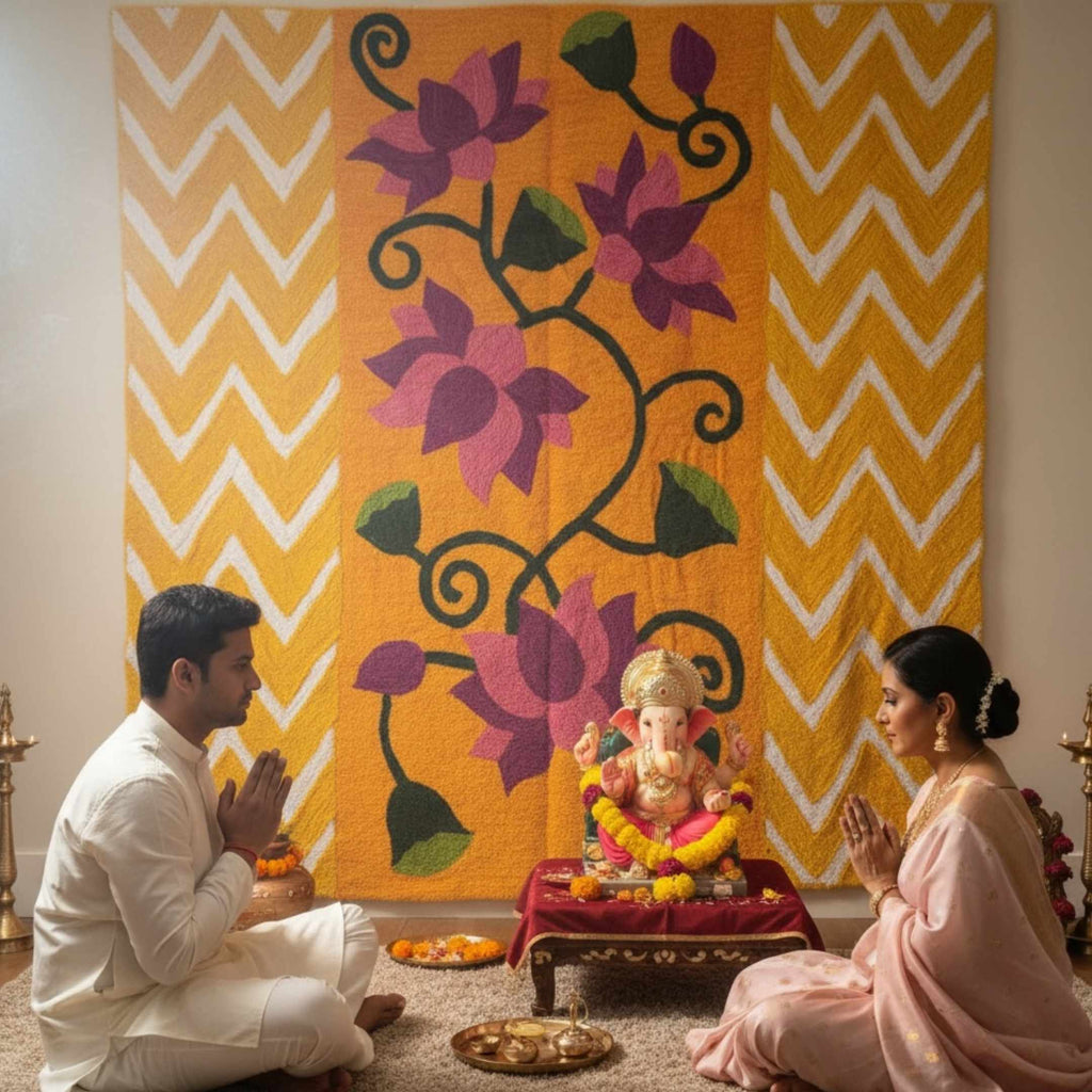 Wool Lotus Backdrop - 3-Panel Wedding & Pooja Backdrop, 5 Designs