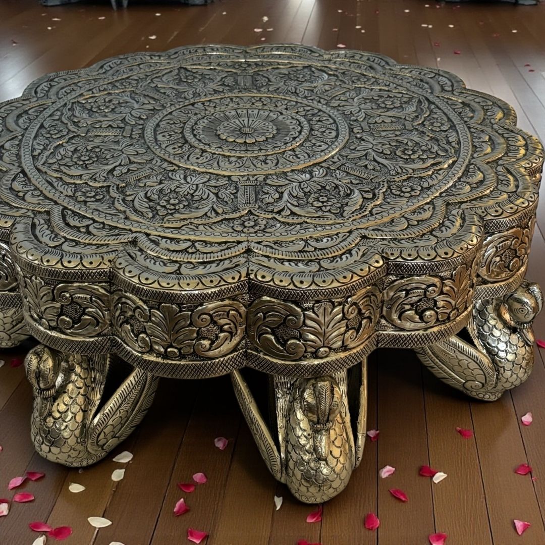 22” Antique Silver Swan Leg Mandala Chowki – Luxury Wedding & Event Pedestal