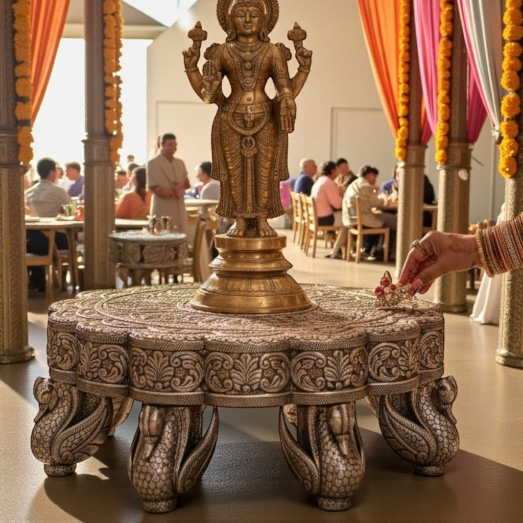 22” Antique Silver Swan Leg Mandala Chowki – Luxury Wedding & Event Pedestal