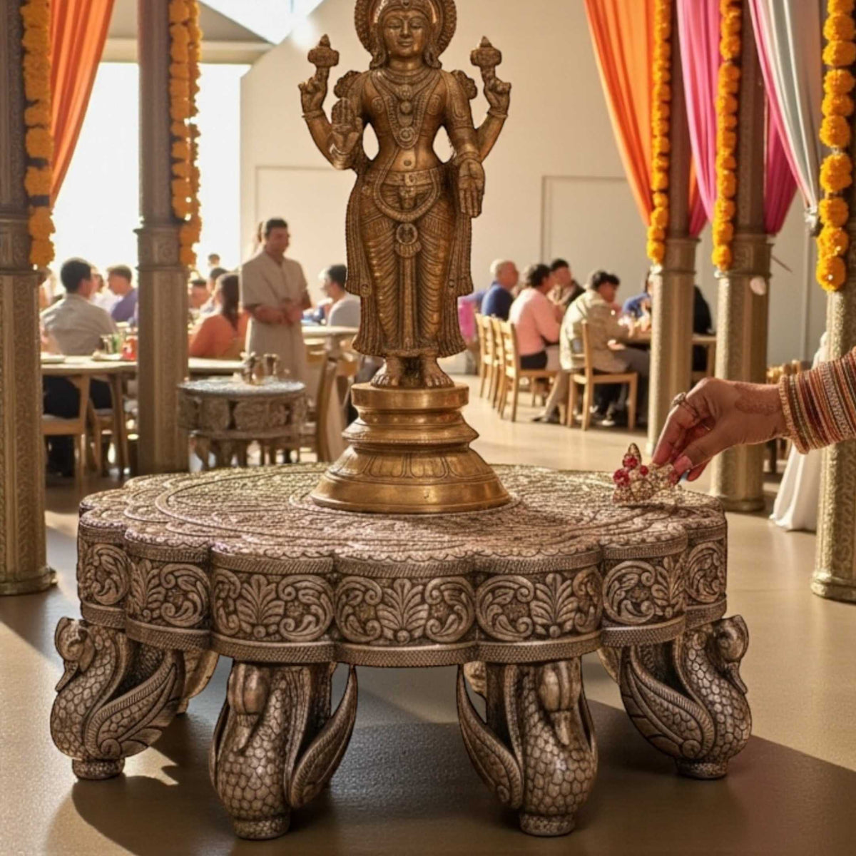 22” Antique Silver Swan Leg Mandala Chowki – Luxury Wedding & Event Pedestal