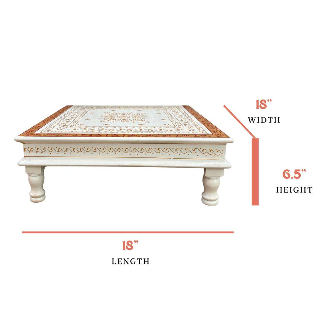 Wooden White Pooja Chowki - 18x18x6.5-Inches Gold Border Bajot