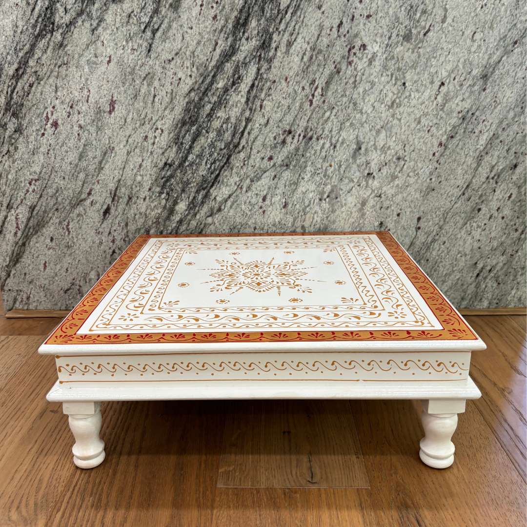 Wooden White Pooja Chowki - 18x18x6.5-Inches Gold Border Bajot