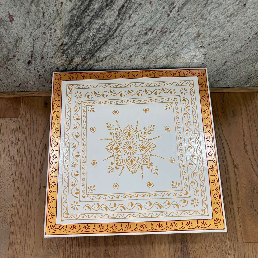 Wooden White Pooja Chowki - 18x18x6.5-Inches Gold Border Bajot