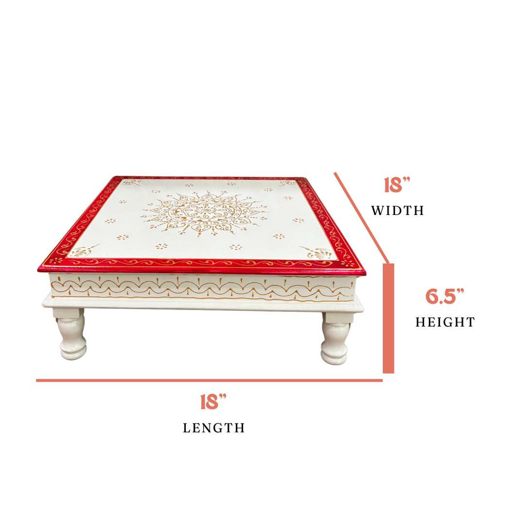 Wooden White Pooja Chowki - 18x18x6.5-Inches Red Bajot