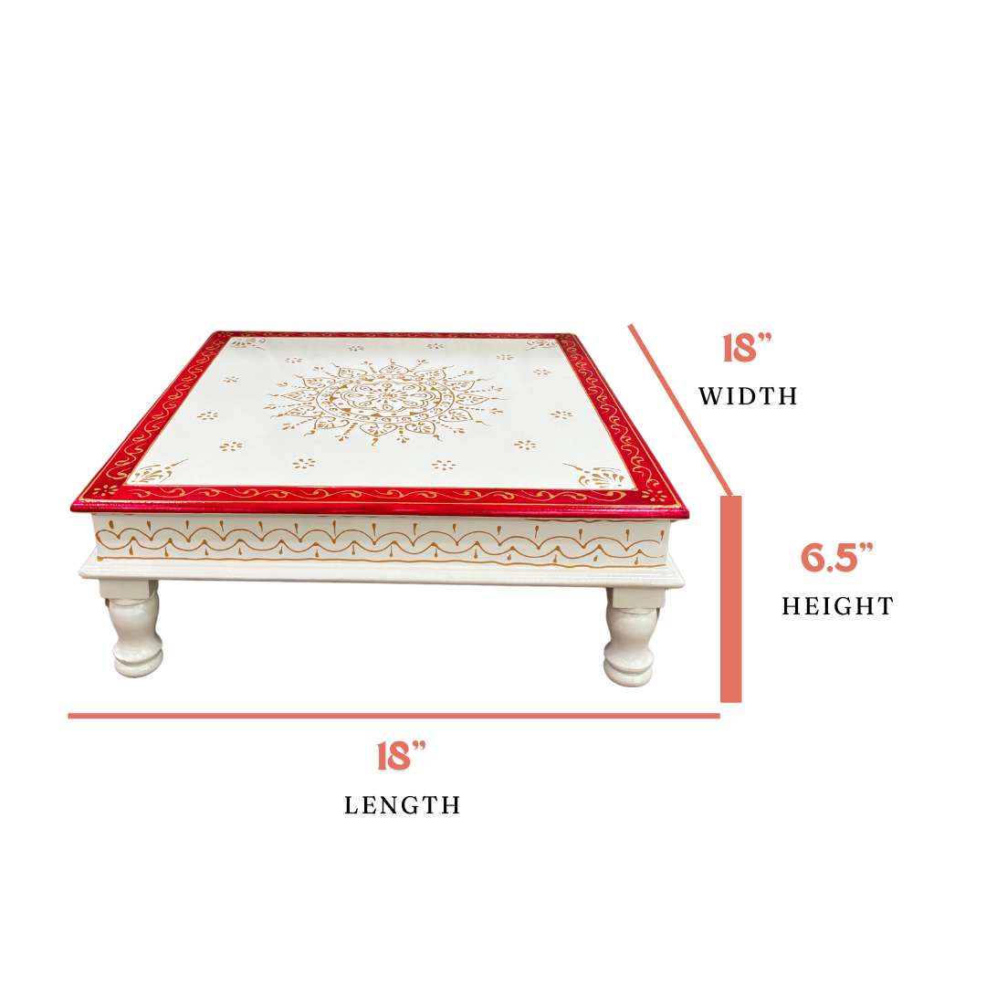 Wooden White Pooja Chowki - 18x18x6.5-Inches Red Bajot