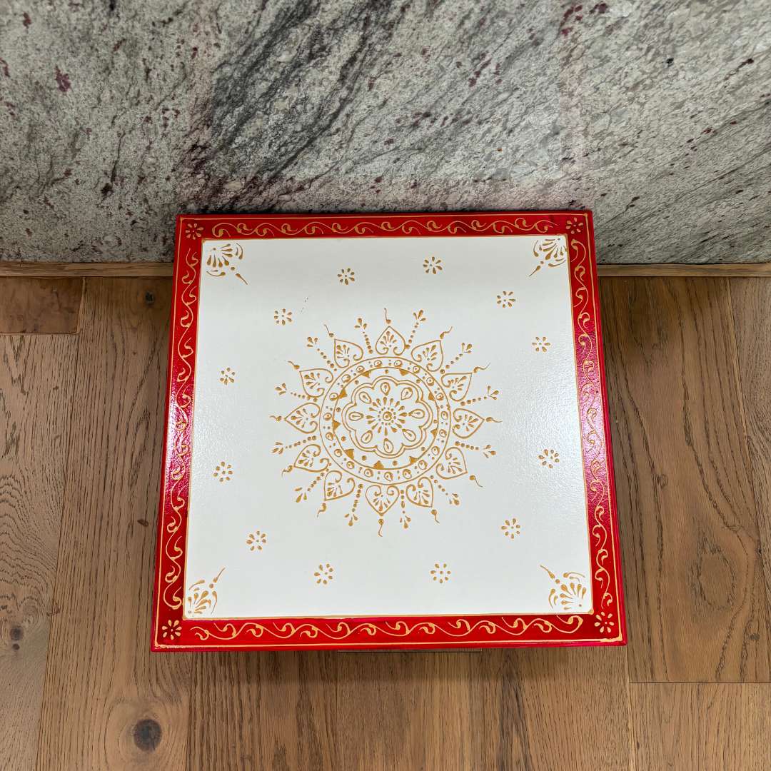 Wooden White Pooja Chowki - 18x18x6.5-Inches Red Bajot