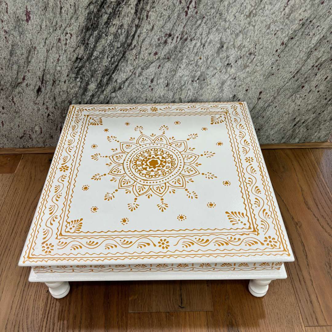 Wooden White Pooja Chowki - 18x18x6.5-Inches Gold Bajot