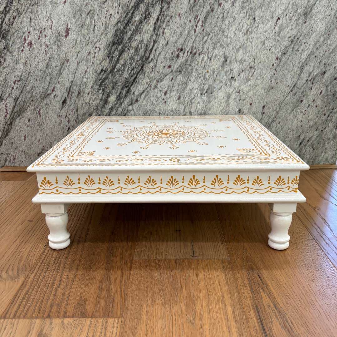 Wooden White Pooja Chowki - 18x18x6.5-Inches Gold Bajot