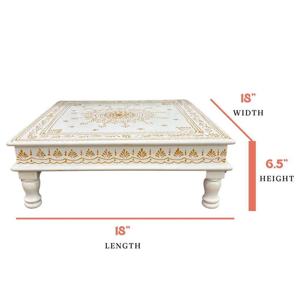 Wooden White Pooja Chowki - 18x18x6.5-Inches Gold Bajot