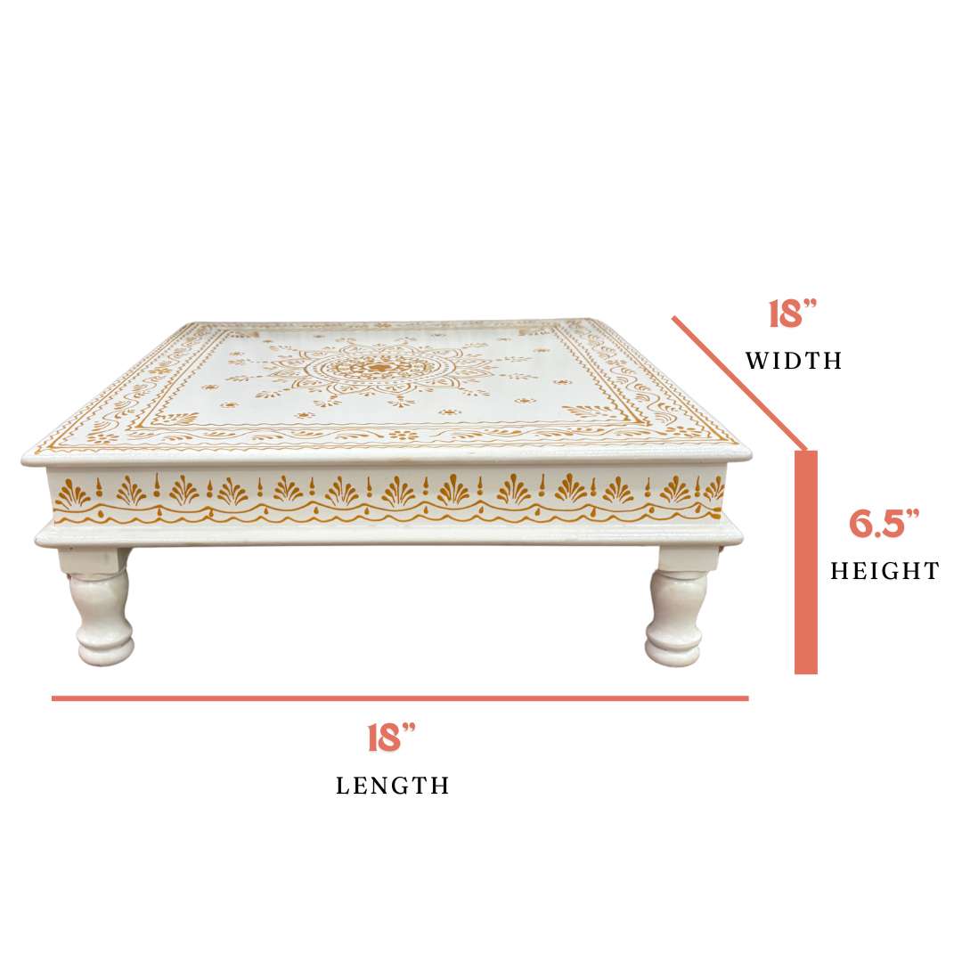 Wooden White Pooja Chowki - 18x18x6.5-Inches Gold Bajot