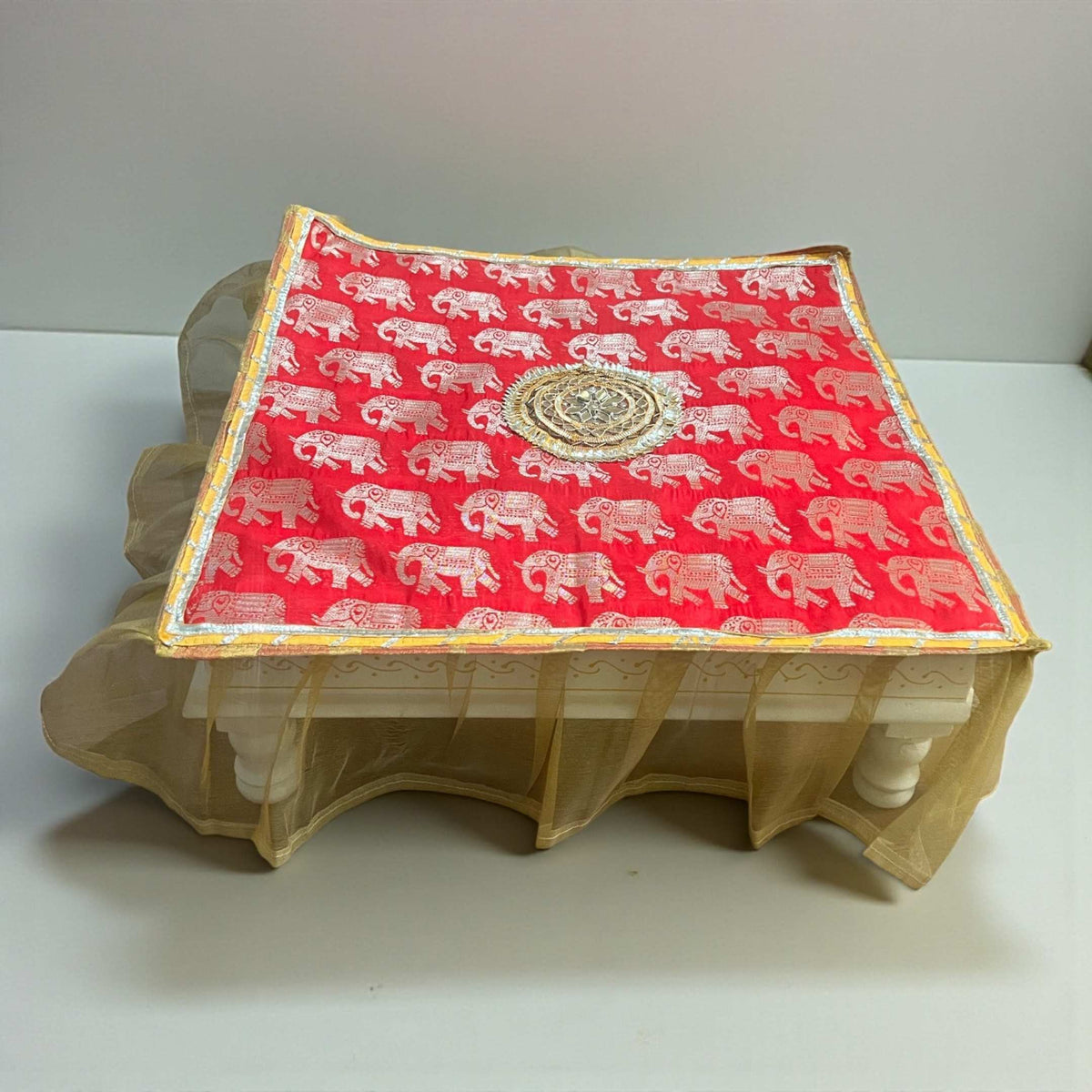 Wooden Kolam Pooja Chowki - 18x18x6.5-Inches Red Bajot
