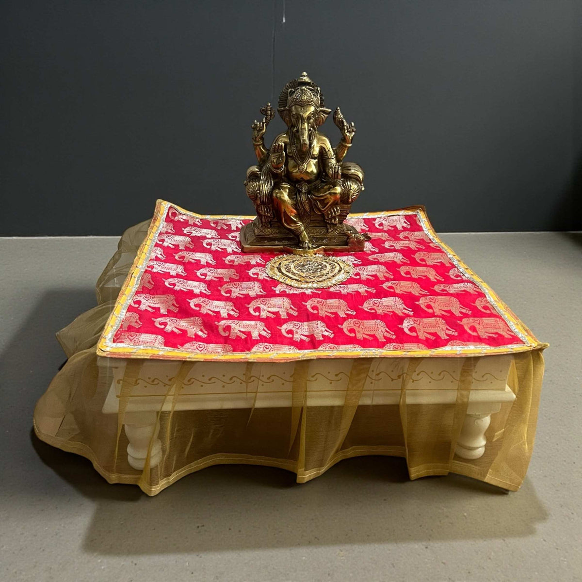 Wooden White Pooja Chowki - 18x18x6.5-Inches Gold Border Bajot