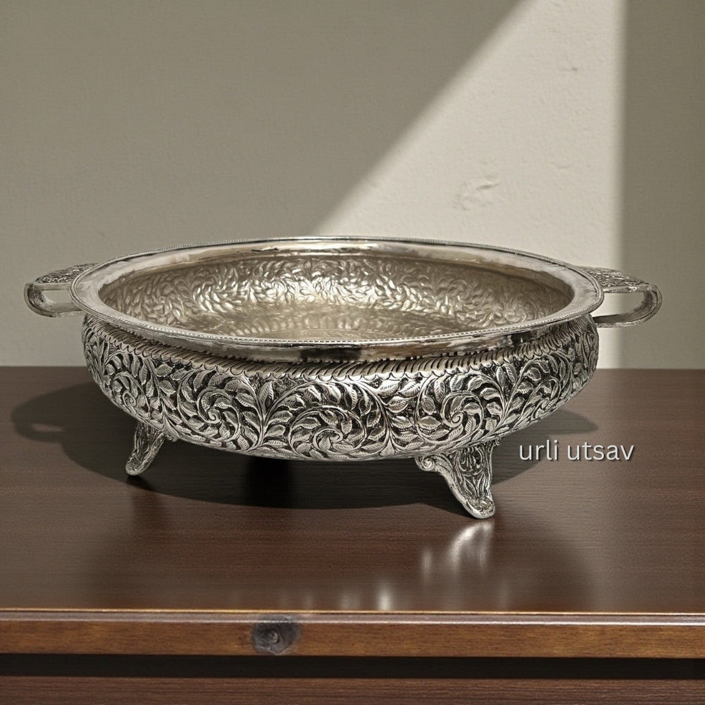 26-Inches Leaves Engraved Urli Bowl | Antique Silver