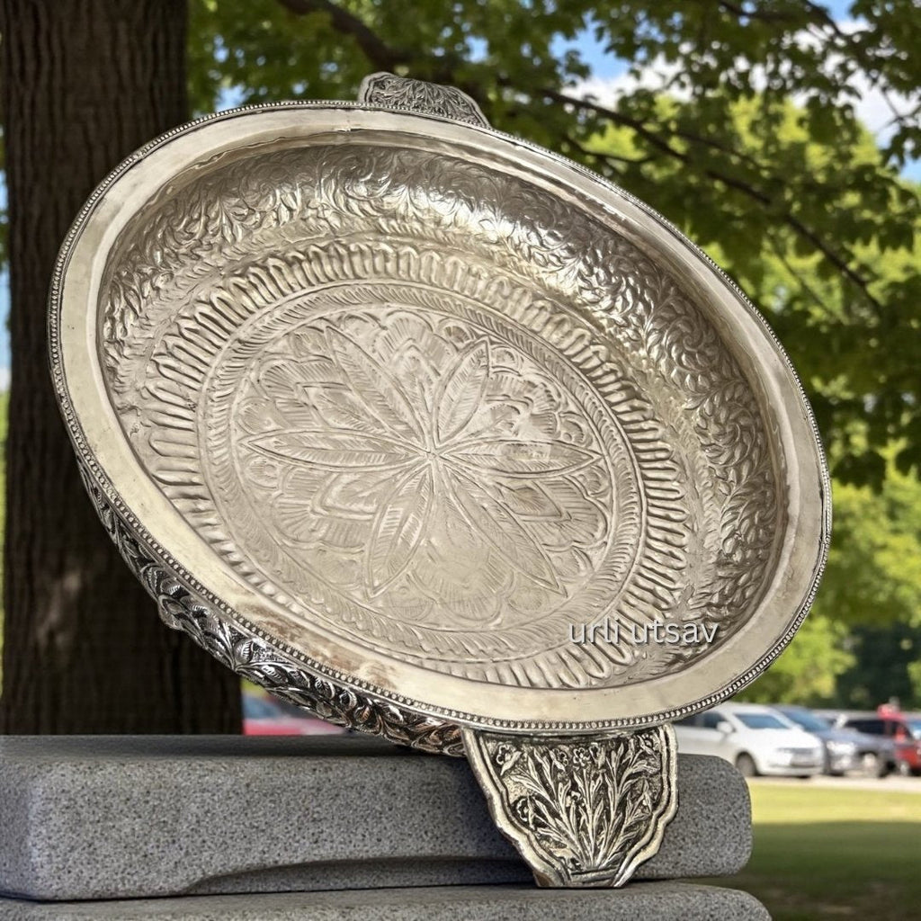26-Inches Leaves Engraved Urli Bowl | Antique Silver