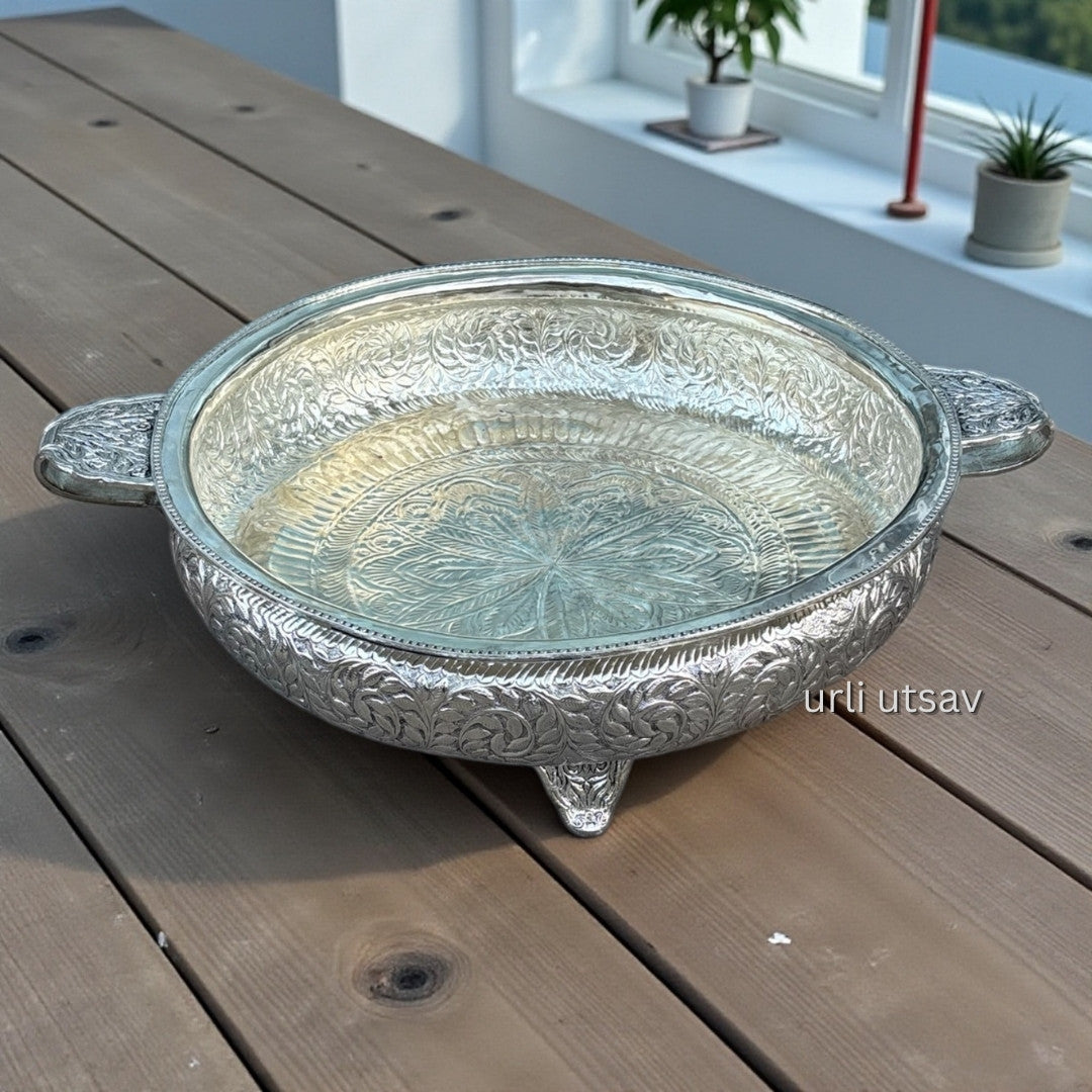 26-Inches Leaves Engraved Urli Bowl | Antique Silver