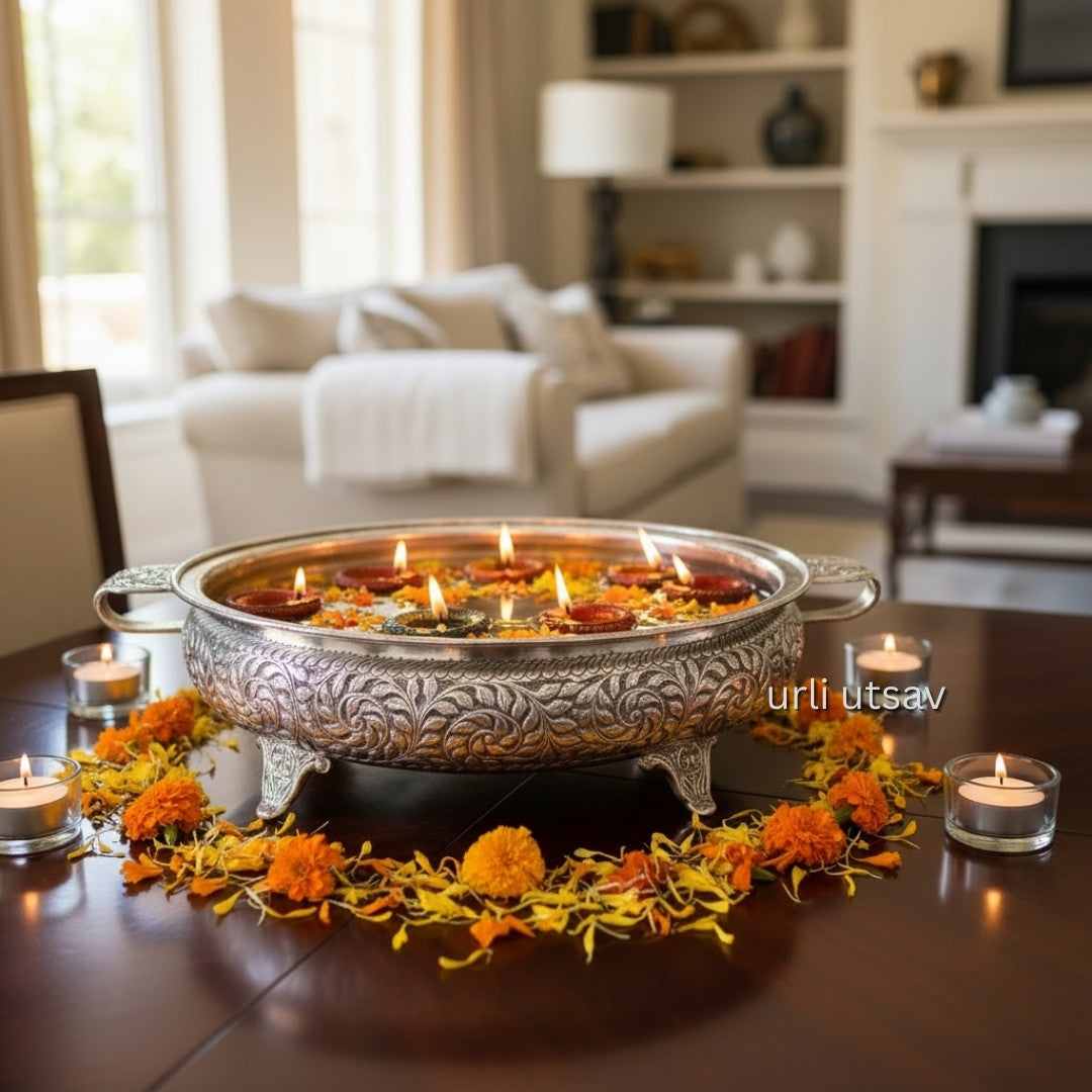 26-Inches Leaves Engraved Urli Bowl | Antique Silver