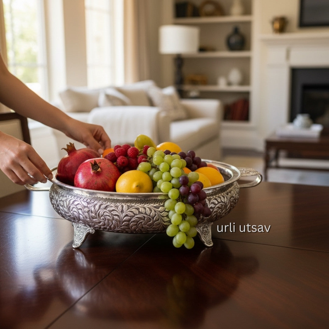 26-Inches Leaves Engraved Urli Bowl | Antique Silver