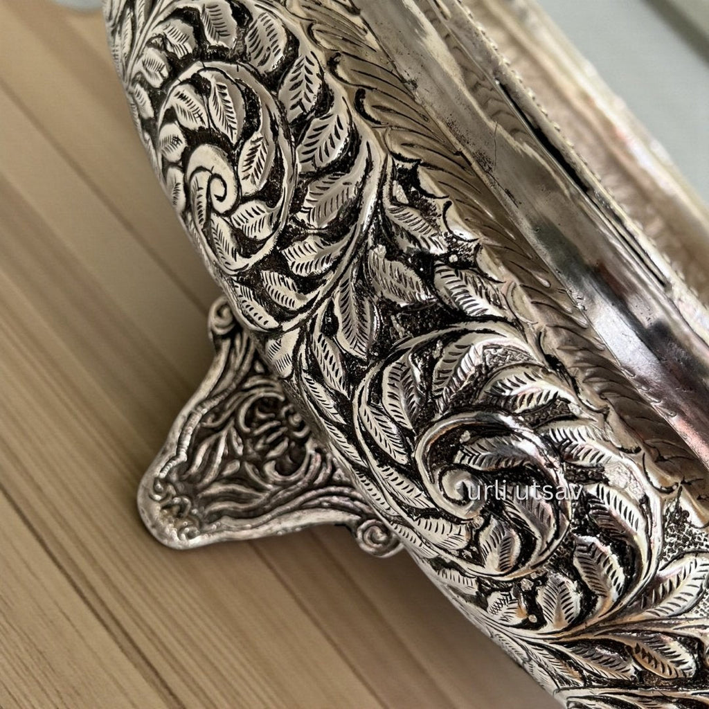 26-Inches Leaves Engraved Urli Bowl | Antique Silver