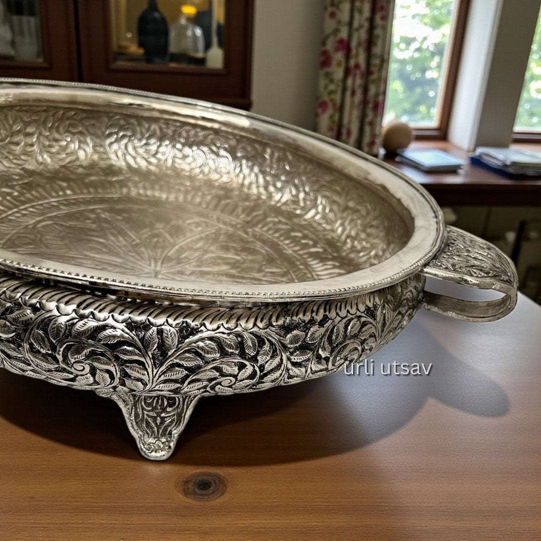 26-Inches Leaves Engraved Urli Bowl | Antique Silver