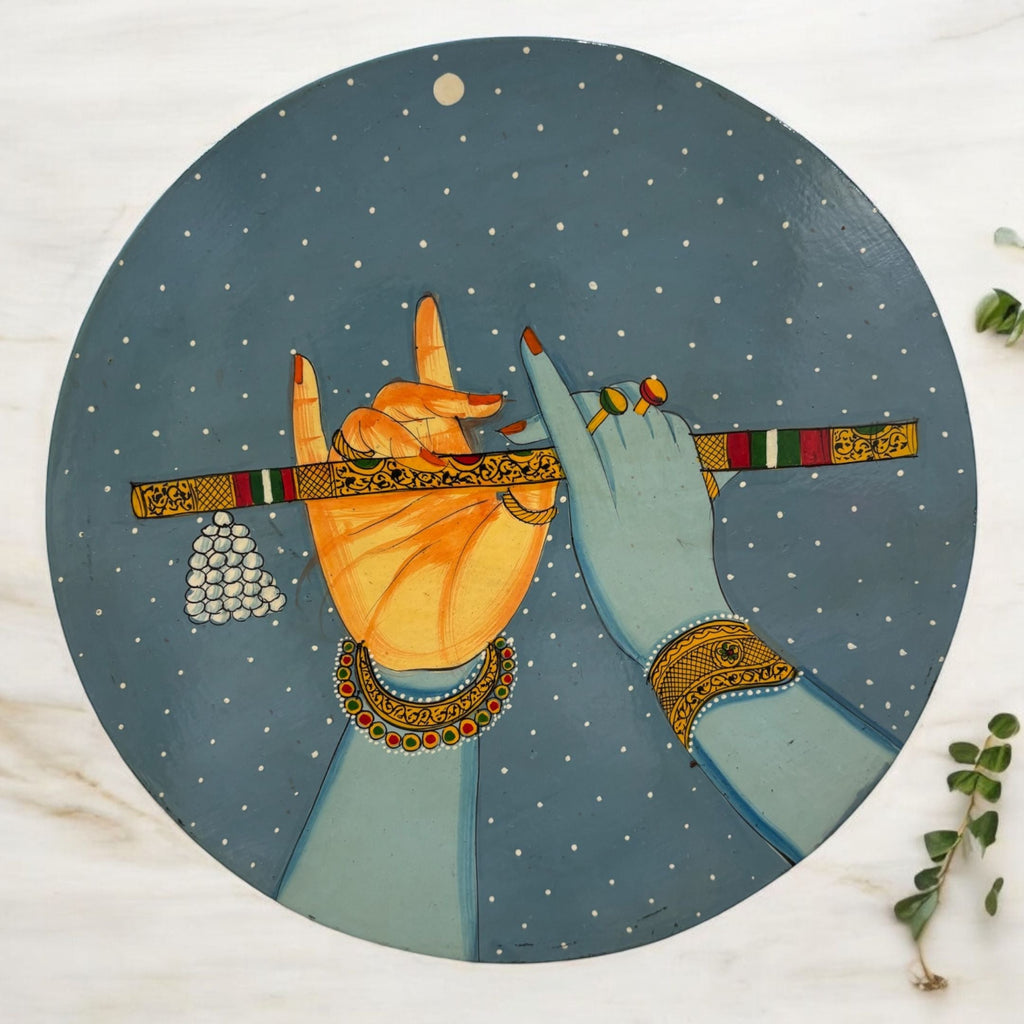 Wooden Wall Plate - 10-Inch Hand-Painted Krishna, Peacock, Cow