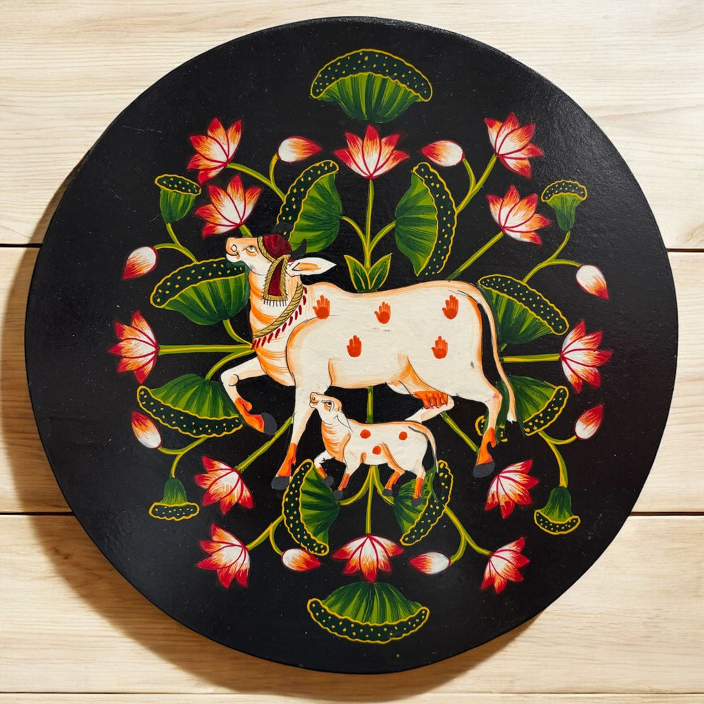 Wooden Wall Plate - 10-Inch Hand-Painted Krishna, Peacock, Cow