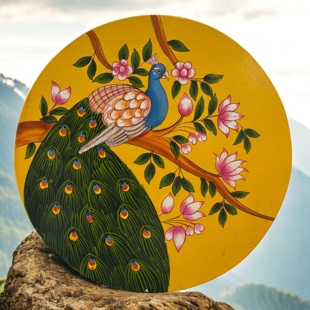 Wooden Wall Plate - 10-Inch Hand-Painted Krishna, Peacock, Cow