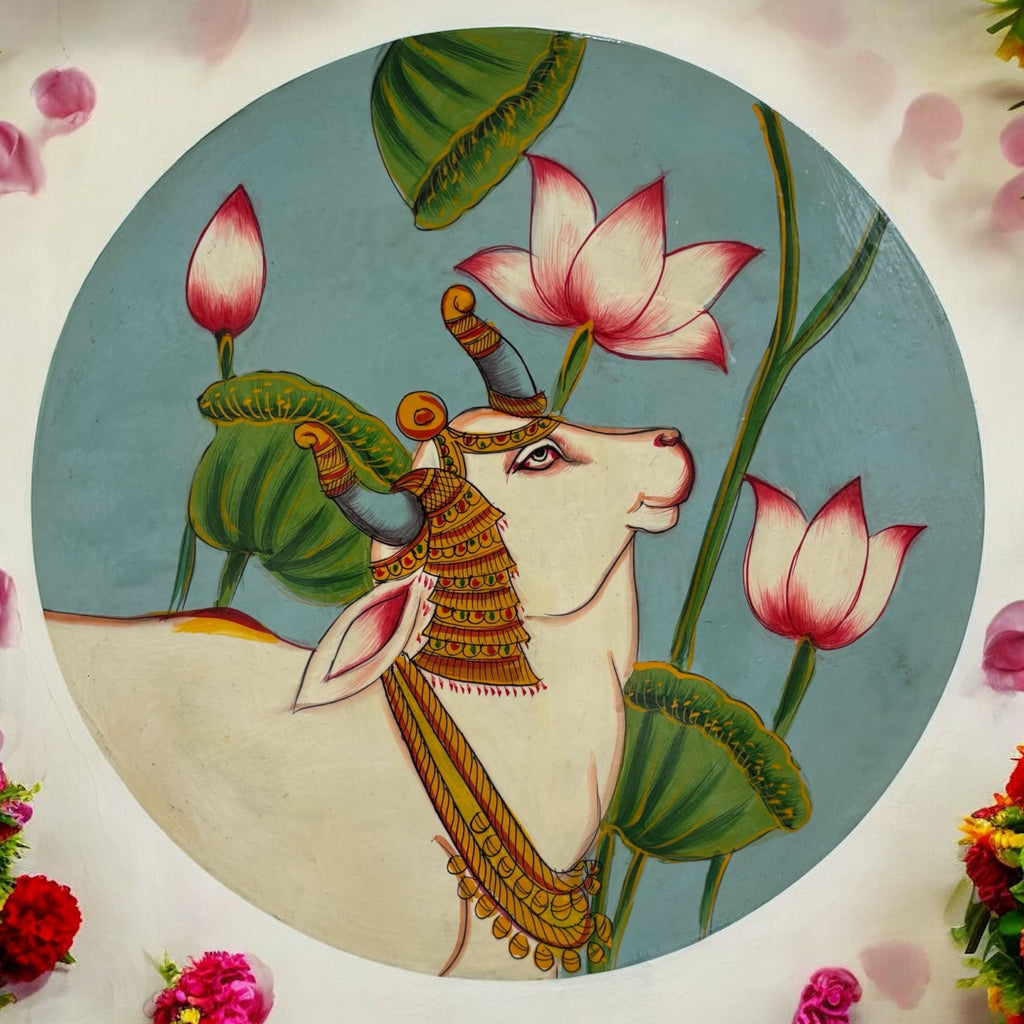 Wooden Wall Plate - 10-Inch Hand-Painted Krishna, Peacock, Cow