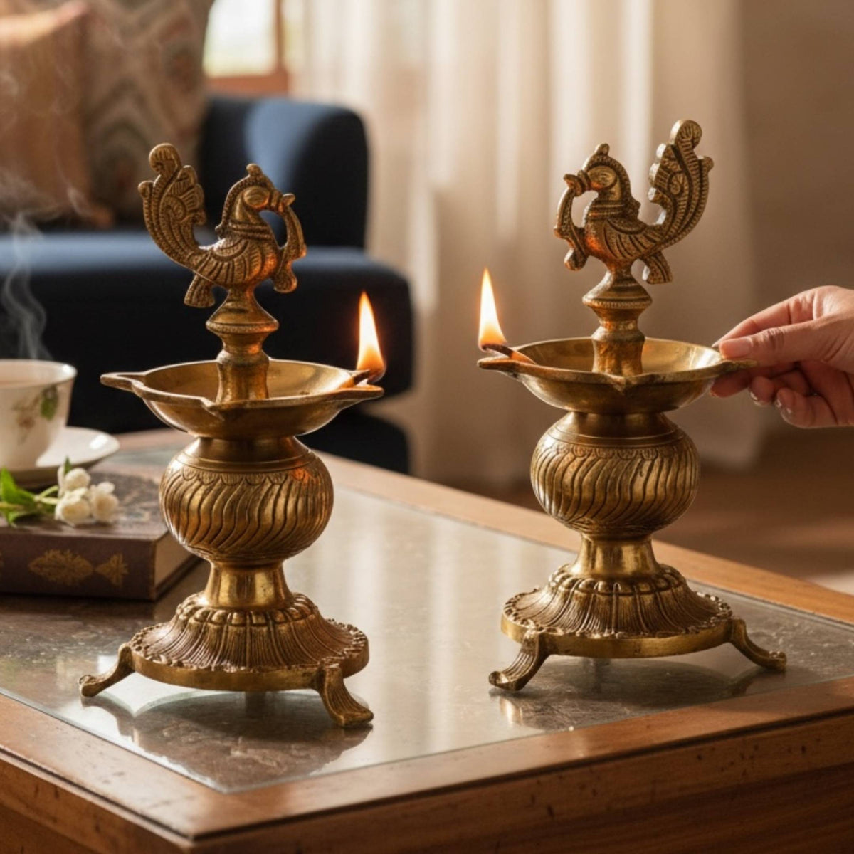 Annam Bird Brass Diya - 8.5in Kuthu Vilakku Oil Lamp