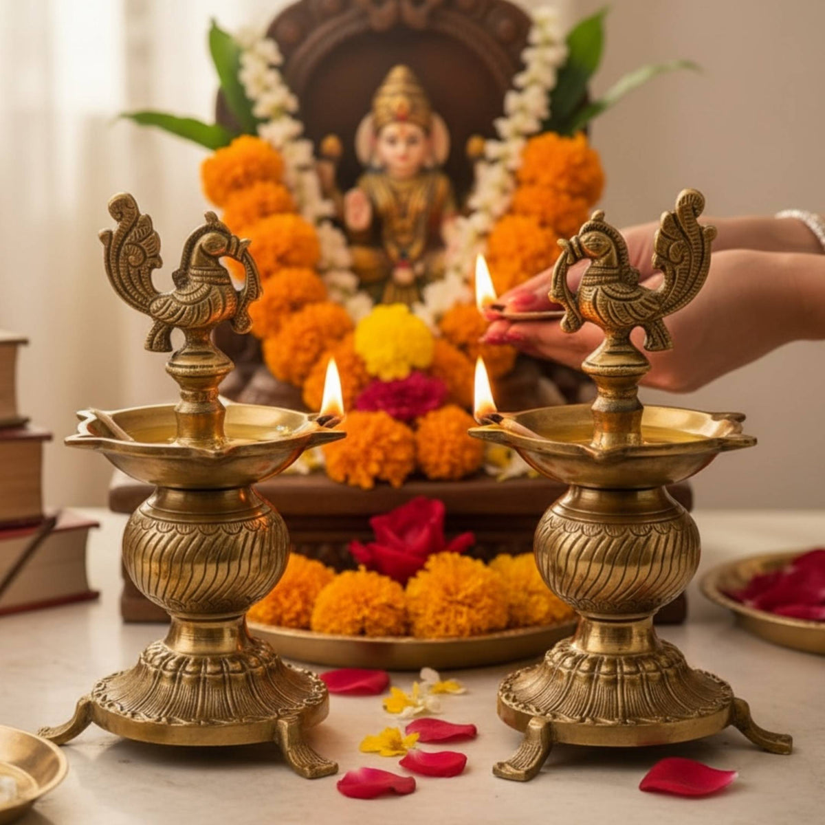 Annam Bird Brass Diya - 8.5in Kuthu Vilakku Oil Lamp