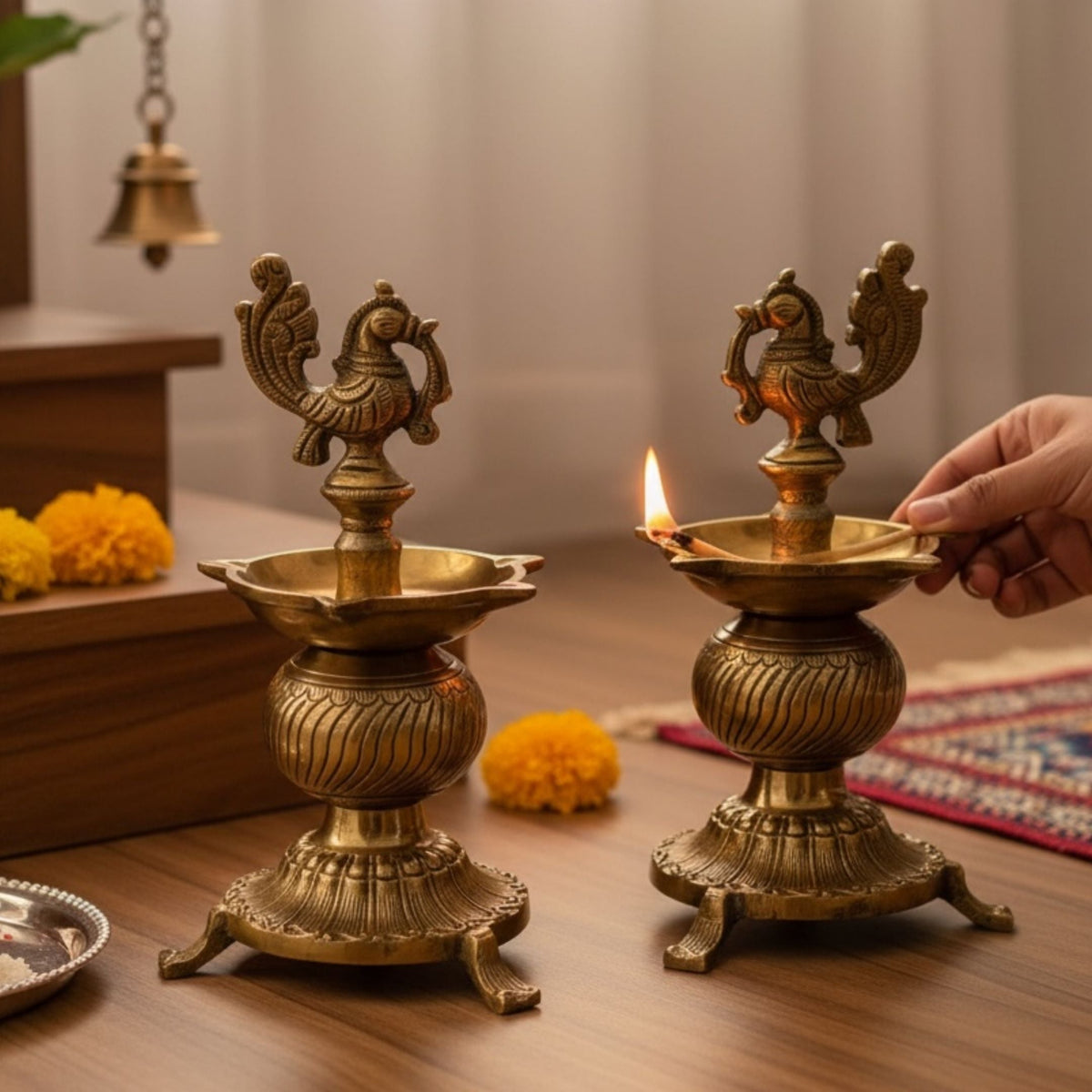 Annam Bird Brass Diya - 8.5in Kuthu Vilakku Oil Lamp