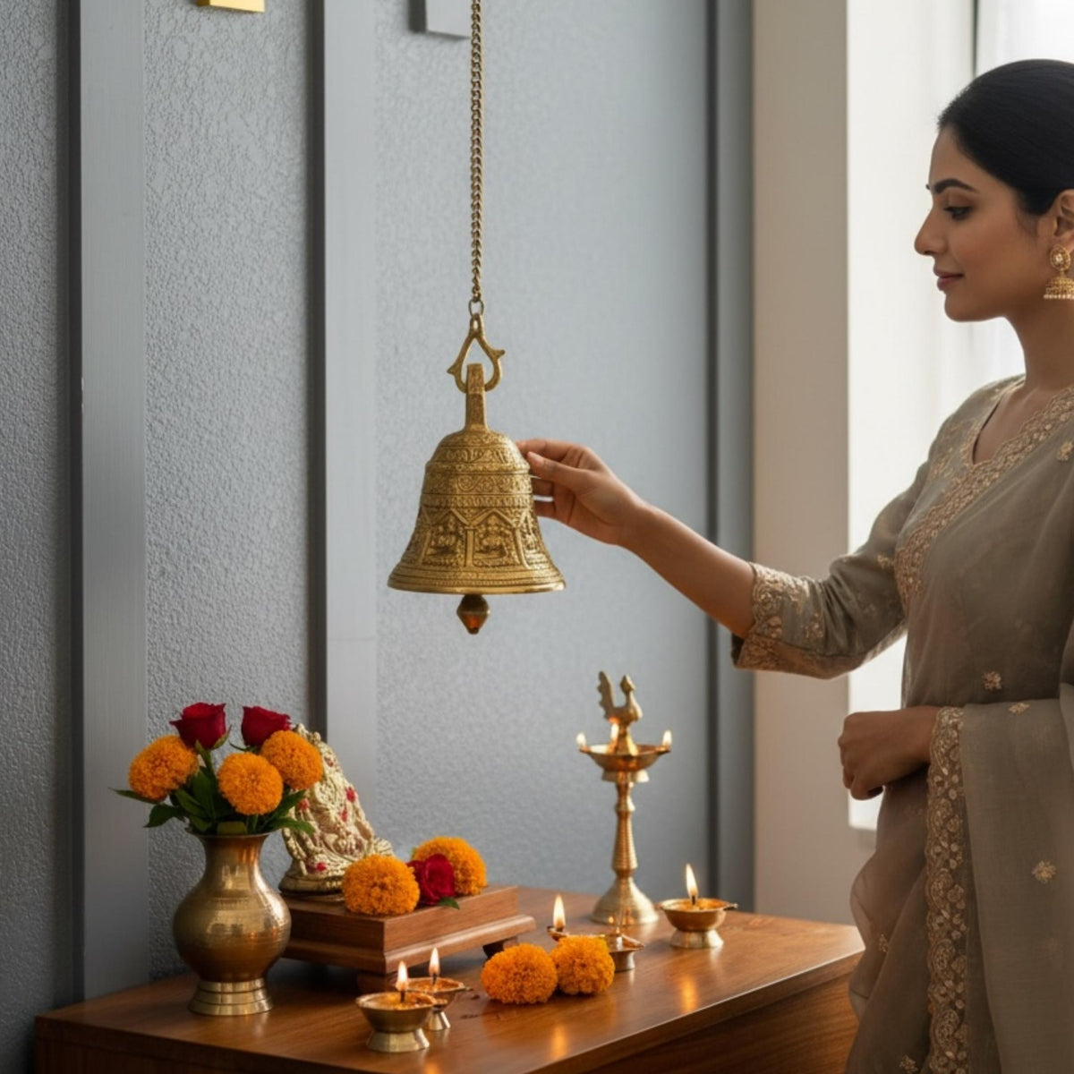 Engraved Brass Hanging Bell - Temple Bell with Chain, 2 Sizes