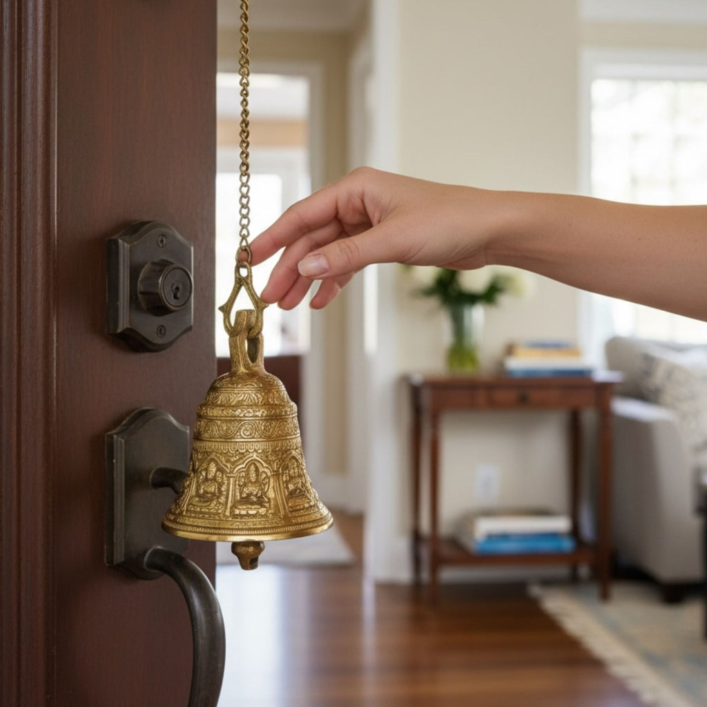 Engraved Brass Hanging Bell - Temple Bell with Chain, 2 Sizes