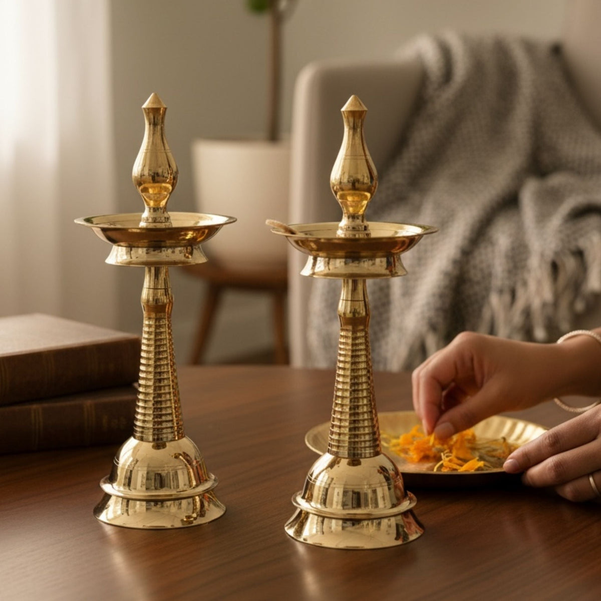 Kerala Brass Samai Oil Lamp - Set of 2, 14in Kuthu Vilakku