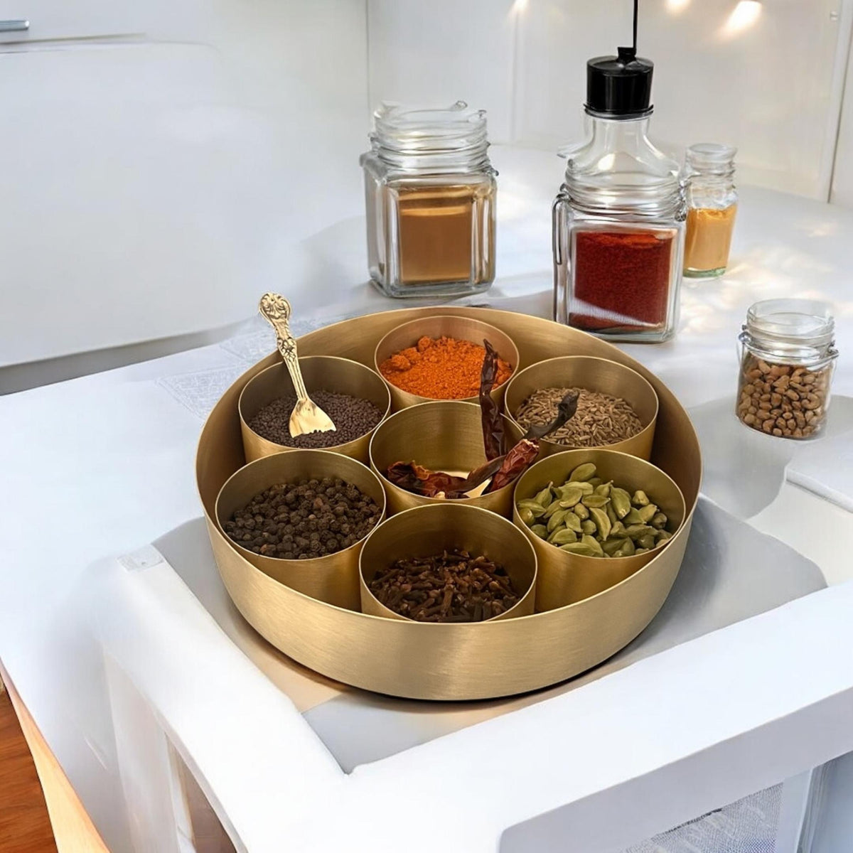 Brass Masala Dabba - 8in Spice Box with 7 Bowls and Spoon
