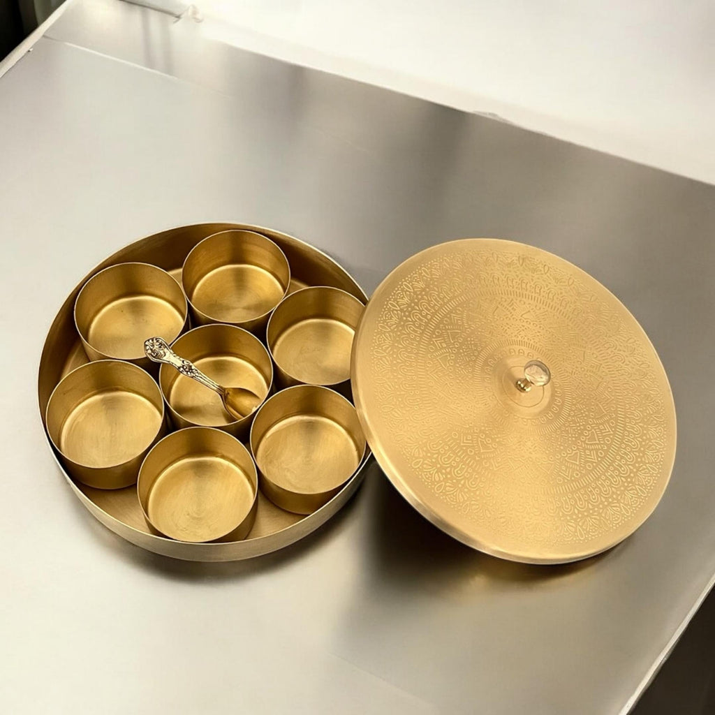 Brass Masala Dabba - 8in Spice Box with 7 Bowls and Spoon