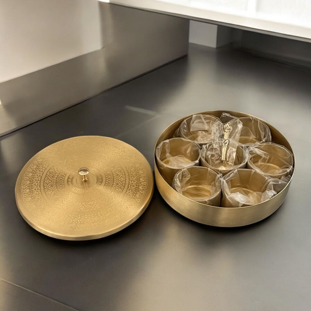 Brass Masala Dabba - 8in Spice Box with 7 Bowls and Spoon
