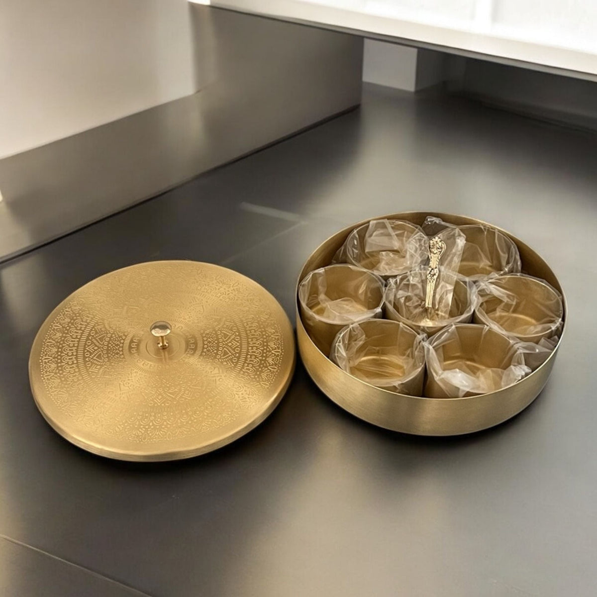 Brass Masala Dabba - 8in Spice Box with 7 Bowls and Spoon