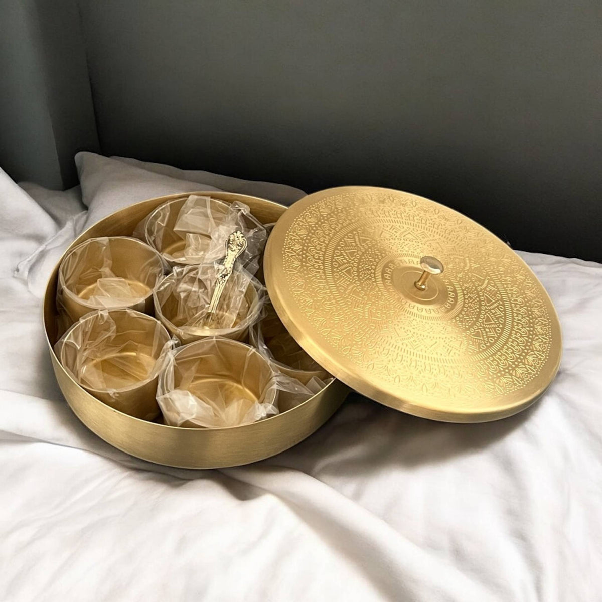 Brass Masala Dabba - 8in Spice Box with 7 Bowls and Spoon